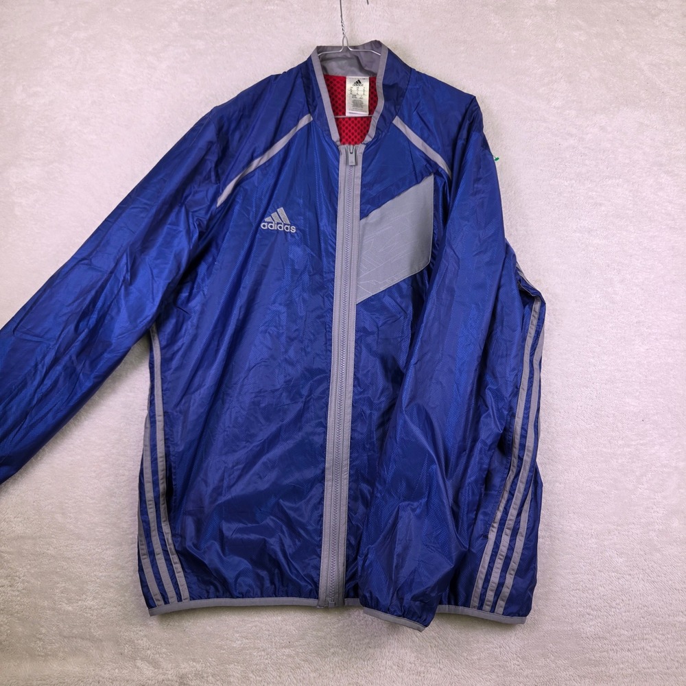 Adidas Mens XL Blue Grey Ripstop Full Zip Windbreaker Jacket 3 Stripe 4149